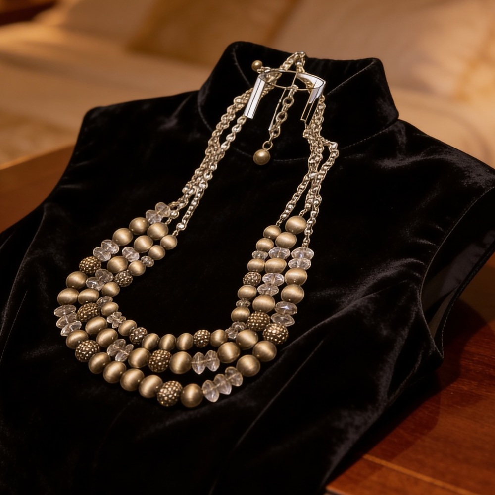 Triple Strand Gunmetal Necklace Matte Beads Rhinestone Disco Ball Accents